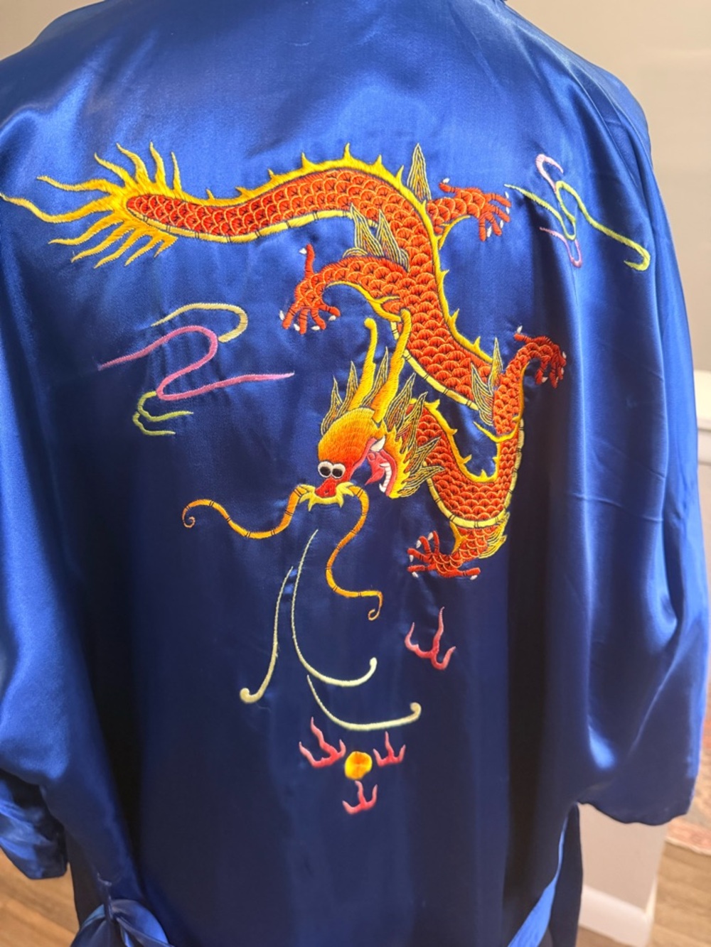 Vintage Dragon Kimono Robe Blue Embroidered Chinese Belted Silk L - Picture 3 of 11